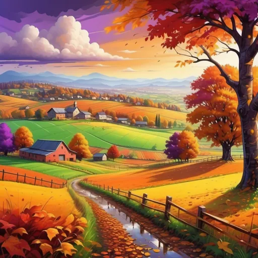 Prompt: (vibrant graffiti style), beautiful farmland, (autumn foliage) in golden, purple, red, orange hues, slight rainy day ambiance, fresh raindrops glistening, the landscape alive with color, lush green fields beneath autumn leaves, cloudy sky with soft illumination, (high detail), (ultra-detailed), lively atmosphere, captivating nature scene.