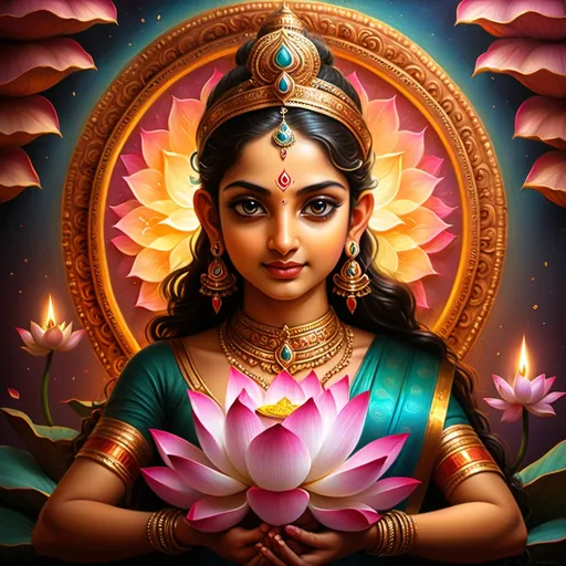 Prompt: (realistic style), beautiful lotus-like eyes, (four hands) beautifully adorned holding (Sankha), (Chakra), (Gada), (Padma), vibrant color scheme, intricate details, striking expressions, richly detailed background, dynamic lighting, showcasing divine majesty, ultra-detailed, cinematic masterpiece, capturing essence of divinity and grandeur.