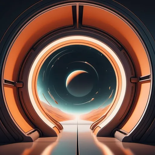 Prompt: (wormhole gates with spacecrafts), minimalist design, warm color scheme, sleek and simple shapes, ambient lighting, serene atmosphere, cool background gradients, ultra-detailed, harmonious composition, clean lines, captivating contrast, expansive space, subtle depth, inviting tones, modern aesthetic, emphasizes exploration, cosmic themes.