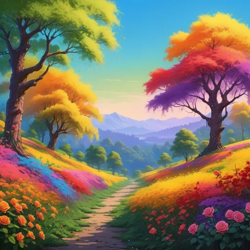 Prompt: (realism style), vibrant colors, (lush trees) adorned with (rose flowers) and striking (yellow bark), (grass) in a spectrum of (yellow, green, blue, purple, red, and orange), detailed textures, (lush and vivid ambiance), clear sky in the background, bright and energetic atmosphere, (highly detailed), (nature), serene landscape, (ultra-detailed).