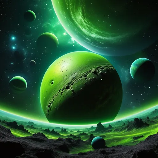 Prompt: (realistic style), vibrant color scheme, beautiful lime green planet, dazzling twinkling stars in the background, celestial atmosphere, enchanting cosmic scene, stunning detail of planetary textures, vivid contrasts between the greens of the planet and the deep inky blackness of space, high-quality HD image, captivating and immersive visual experience.