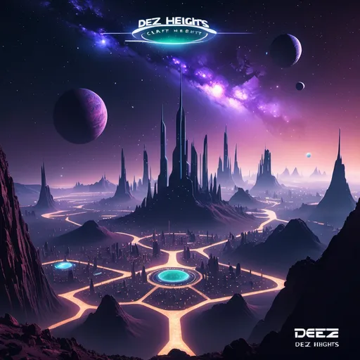 Prompt: An alien city in a galaxy with luminous stars with the name Dez Heights at the bottom right corner