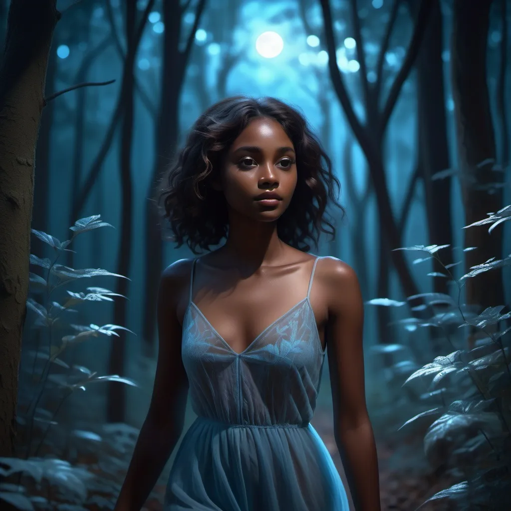 Prompt: (realism style), (pastel color scheme), beautiful dark brown skinned female, 22 years old, walking through a translucent forest, dark moonlit night, (ethereal blue light), enchanting atmosphere, soft lighting, serene ambiance, delicate details in foliage, high quality, 4K, dreamlike scenery, mystical shadows, tranquil environment.