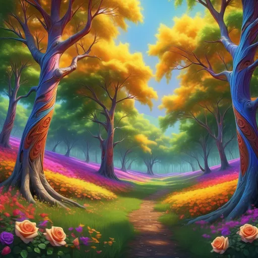 Prompt: (realistic image), (vibrant color scheme), trees adorned with rose flowers, yellow bark surrounded by a stunning grass landscape, dynamic hues of yellow, green, blue, purple, red, and orange blending harmoniously, detailed textures of bark and petals, captivating depth and clarity, enchanting atmosphere filled with vibrant life, high quality 4K, ultra-detailed masterpiece.