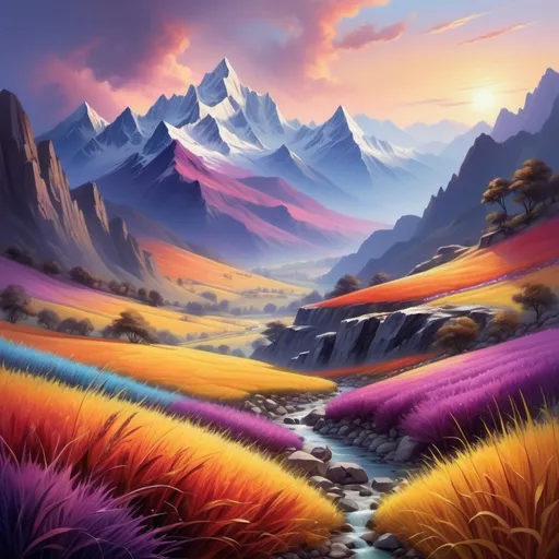 Prompt: (realism style), pastel color scheme, majestic mountains adorned with (precious stones and crystals), lush valley below, vibrant multicolored grass in hues of yellow, red, purple, orange, blues, deep dark purple, captivating landscape, soft lighting, ultra-detailed, serene atmosphere, breathtaking scenery, ethereal beauty, inviting and tranquil ambience.