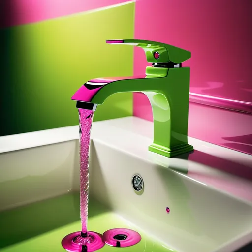 Prompt: (realism style), (vibrant color scheme), Lime green faucet, dripping pink diamonds, ivory sink, shimmering reflections, dynamic lighting, high contrast between colors, lush details of water droplets, minimalist background, clean composition, ultra-detailed, striking visual, luxurious ambiance, artistic flair, captivating focus on elegant interplay of colors.