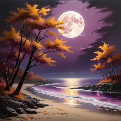 Prompt: (realism style), dark brown moon, pinkish ocean, streak of reflective moonlight at the shore, beautiful autumn night, vibrant brown foliage, warm yellow leaves, deep purple accents, tranquil atmosphere, cool color scheme, high detail, captivating scene, serene ambiance, enchanting landscape, lush foliage blending harmoniously, soft moon glow illuminating the ocean.