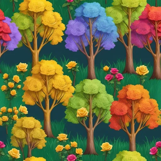 Prompt: Trees with rose flowers and yellow bark. Grass of yellow, green, blue, purple, red and orange.