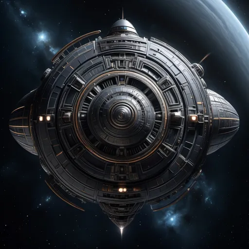 Prompt: photorealistic, (dark color scheme), a spacecraft designed with concentric forces, intricate details and textures emphasizing the complexity, deep shadows and subtle highlights, atmospheric depth, celestial background with twinkling stars, high-quality resolution, ultra-detailed, an aura of mystery and exploration, unfurling in the vastness of space, dynamic forms and structures.