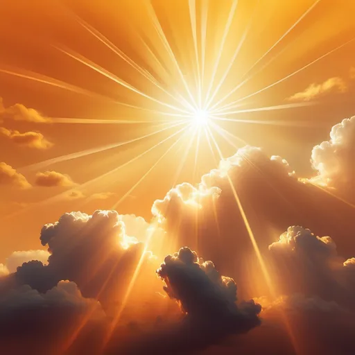 Prompt: (brilliant sun), radiant rays shining through clouds, warm golden light illuminating the sky, vibrant yellow and orange hues blending beautifully, creating a cheerful and uplifting atmosphere, soft wisps of clouds surrounding the sun, glowing edges radiating warmth, high depth cinematic masterpiece, ultra-detailed, rich color tones, serene background adding to the dynamic scene.