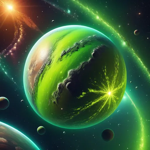 Prompt: (realism style), (vibrant color scheme), beautiful lime green planet, glittering stars scattered across the infinite cosmos, celestial details shimmering in the warm hues of space, dramatic lighting illuminating the planet, high-quality, ultra-detailed 4K image featuring a breathtaking cosmic scene, evoking a sense of wonder and exploration.