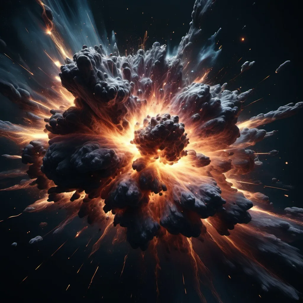 Prompt: photorealistic, (collision of matter and antimatter), dramatic dark color scheme, deep shadows, powerful explosion of energy, intricate details of particles interacting, ethereal glow in contrasting light, cosmic backdrop, sense of chaos and energy, high-quality (4K) resolution, captivating and intense atmosphere.