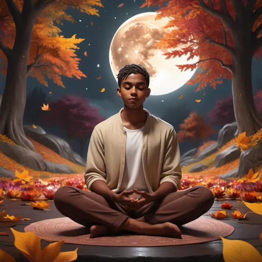 Prompt: (realism style), a young brown-skinned man, age 20, sitting in a serene lotus position, surrounded by stunning autumn multicolored trees, vibrant flowers, and beautiful falling leaves, under a mystical brown moon, rich dark color scheme, moody atmosphere, exquisite details, (ultra-detailed), (4K), enchanting ambiance, tranquil settings.