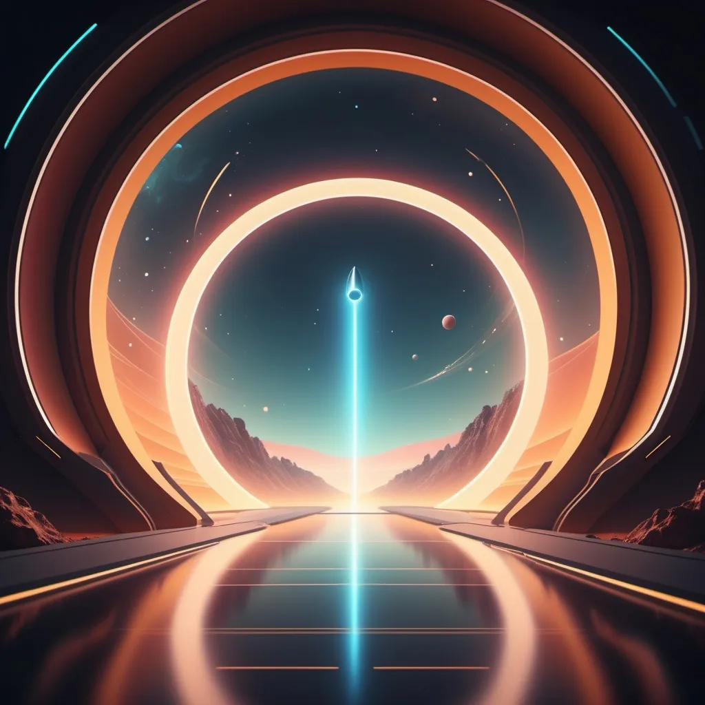 Prompt: minimalism style, (wormhole gates), sleek spacecrafts, warm color palette, soft hues, serene ambiance, simple geometric shapes, glowing light effects, calm atmosphere, high contrast elements, ultra-detailed, 4K quality, ethereal cosmic background, smooth gradients, futuristic design.