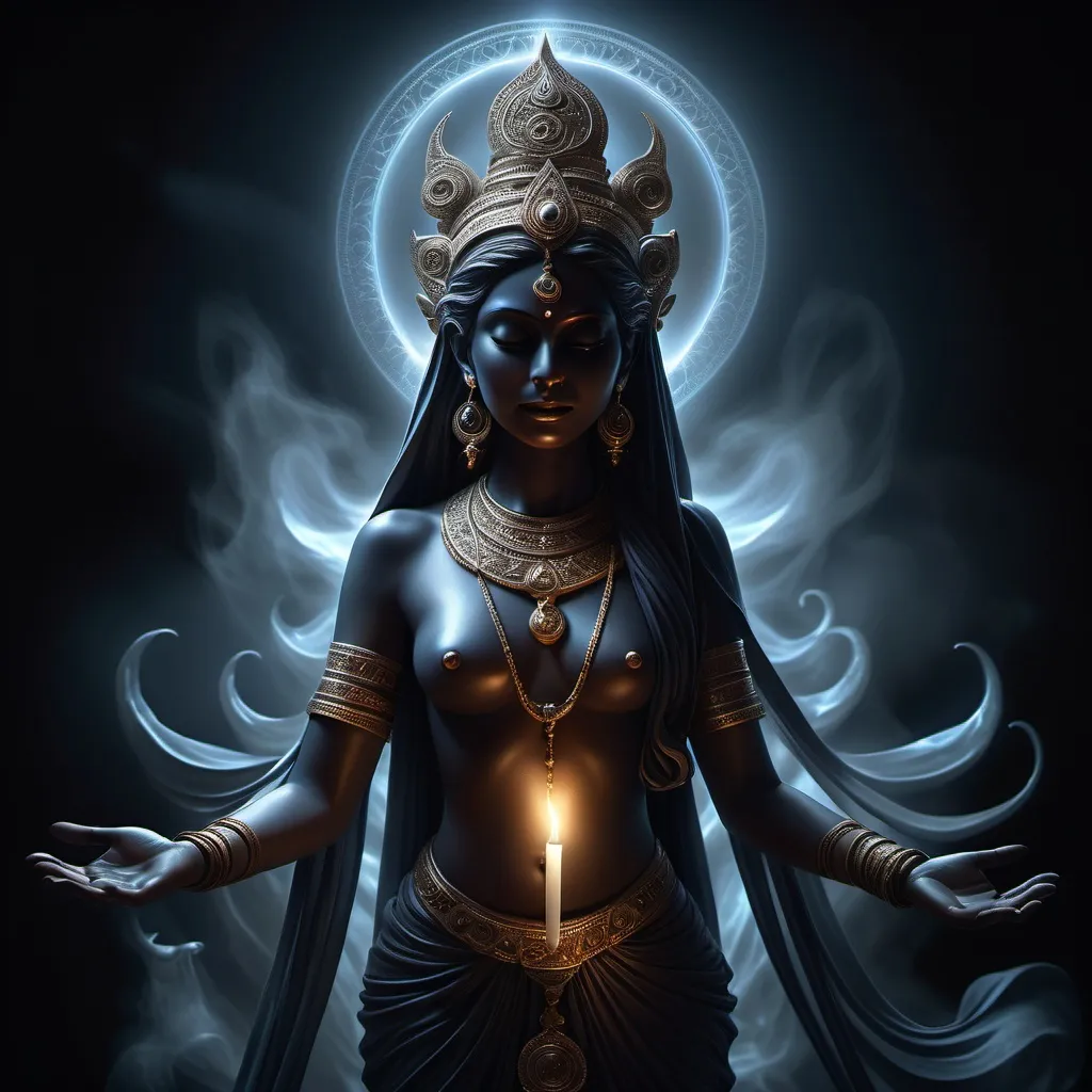 Prompt: photorealistic, (dark color scheme), ethereal figure of Shukra, shimmering light emanating, fascinating interplay of shadows, (intense atmosphere), mystic ambiance, tangible apparition, surreal experience, captivating detail, mesmerizing vision, intense contrast, (highly detailed), enchanting background shrouded in darkness, dreamlike essence