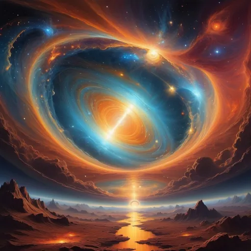 Prompt: (realism style), warm color scheme, (infinite universes), cosmic landscape, vibrant celestial bodies, dimensional portals, warped space-time, glowing nebulae, ethereal clouds, distinct physical laws, exceptional properties, a sense of wonder and mystery, enveloped in tranquility, ultra-detailed, intriguing patterns in the cosmos, depth shading for realism.