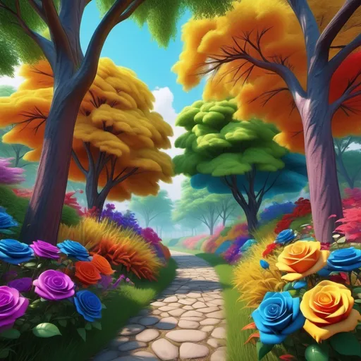 Prompt: (realism style), vibrant color scheme, (trees with rose flowers), (yellow bark), (multicolored grass in yellow, green, blue, purple, red, orange), lush and detailed foliage, bright and vivid colors bursting with life, a beautiful combination of floral and botanical elements, serene and enchanting atmosphere, rich textures, high-definition quality, 4K resolution, visually stunning scene.