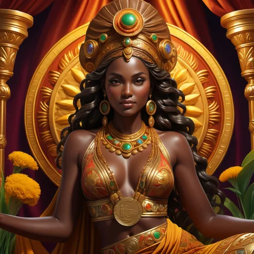 Prompt: photorealistic, (dark brown skinned) Goddess of fortune, vibrant color scheme, dynamic lighting, intricate details, symbols of prosperity like coins and wheat, lush background elements with a radiant glow, enchanting expression, against a rich, jewel-toned backdrop, adorned in opulent clothing, flowing drapes, and elegant accessories, (highly detailed), (4K).