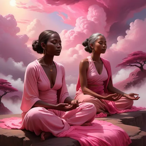 Prompt: (realism style), (vibrant color scheme), dark brown skinned female sages, meditating; enchanting stained pink landscapes, ethereal pink clouds, mystical atmosphere; serene expressions, flowing garments of soft fabrics; vivid contrasts highlighting the vibrant surroundings, radiant light illuminating the scene, detailed textures; (high-definition), captivating and immersive.