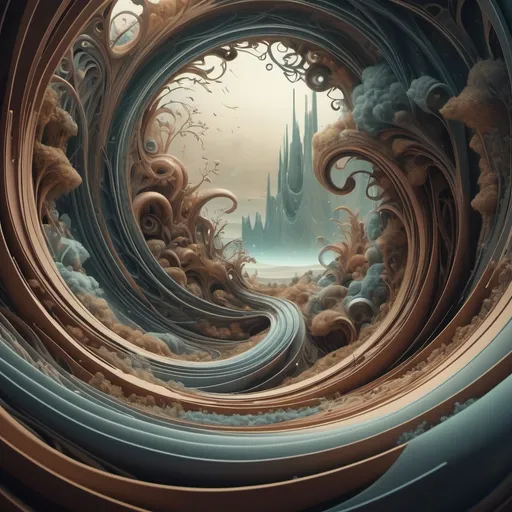 Prompt: (loop in the spacetime continuum), surrealism style, (dreamlike imagery), abstract forms, (twisting shapes), muted color scheme with earth tones, (soft gradients), intricate patterns blending seamlessly, high depth cinematic masterpiece, exploring the nature of time and space, (mysterious ambiance), ethereal atmosphere, ultra-detailed and high-quality rendering.