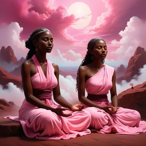 Prompt: (realism style), (vibrant color scheme), dark brown skinned female sages, meditating; enchanting stained pink landscapes, ethereal pink clouds, mystical atmosphere; serene expressions, flowing garments of soft fabrics; vivid contrasts highlighting the vibrant surroundings, radiant light illuminating the scene, detailed textures; (high-definition), captivating and immersive.