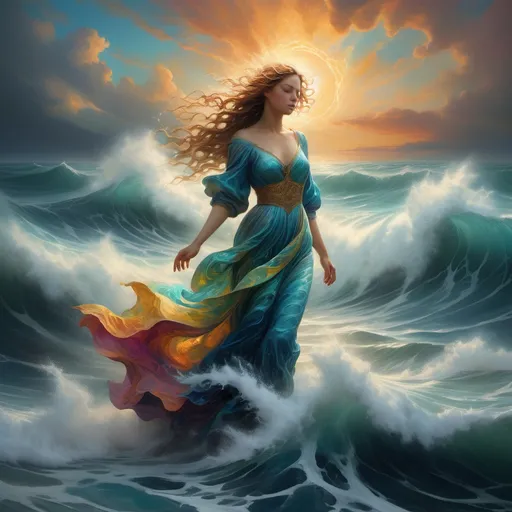 Prompt: (artstyle-renaissance), vibrant color scheme, a central figure rising above turbulent ocean waves, embodying deep emotional resilience, serene expression, and intricate details in clothing, ethereal light illuminating the spiritual vision, the horizon glimmering with hope, swirling currents of emotion represented by dynamic water patterns, dramatic contrasts, grandiose and majestic ambiance, high definition.