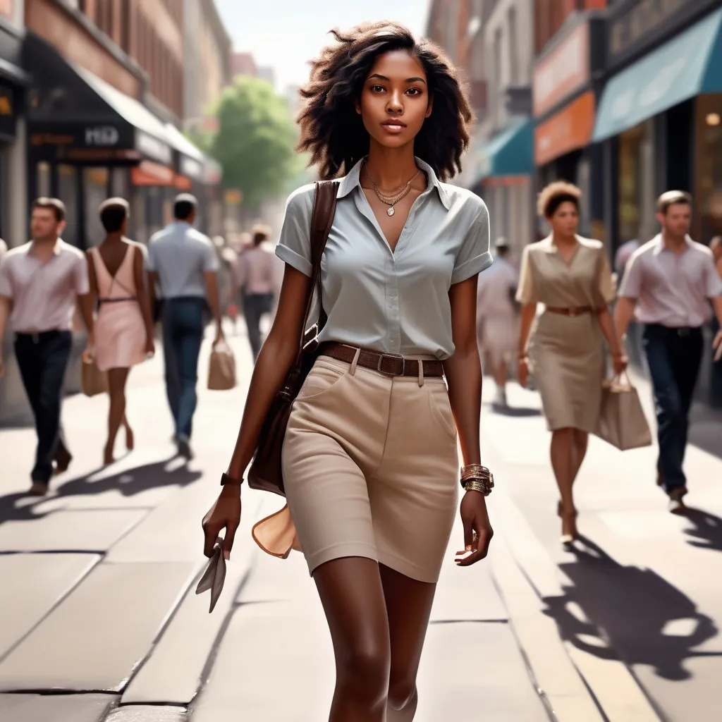 Prompt: (tall young dark brown skinned woman), walking down a bustling high street, (realism style), (pastel color scheme), detailed clothing with fashionable accessories, showcasing a lively urban vibe, (natural lighting), capturing soft shadows and highlights reflecting off surfaces, showcasing everyday life, (HD quality), expressive and dynamic atmosphere, evoking a sense of motion and casual elegance.