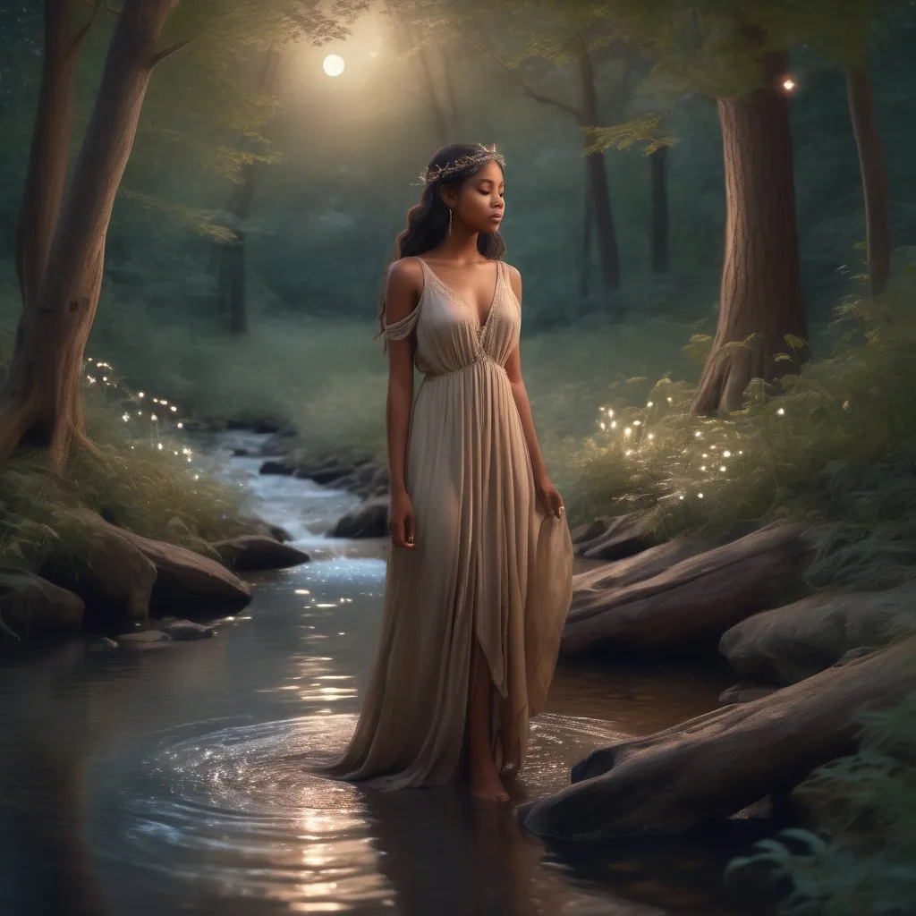 Prompt: (realism style), dreamy (young brown skinned female sage), (22 years old), long silk dress, among woodland trees, enchanting creatures, (brown moonlit), twinkling stars, serene evening, cool clear stream, pastel color scheme, ethereal ambiance, high detail, tranquil atmosphere, breathtaking natural scenery, (magical woodland) vibes.