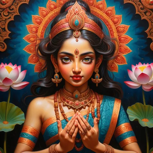 Prompt: (realism style), (vibrant color scheme), a figure with exquisite lotus-like eyes, four hands gracefully holding a Sankha, Chakra, Gada, and Padma, intricate details in the hands and eyes, textured fabric for attire, rich background with radiant colors, dynamic lighting highlighting the features, (ultra-detailed), captivating ambiance conveying strength and divinity.