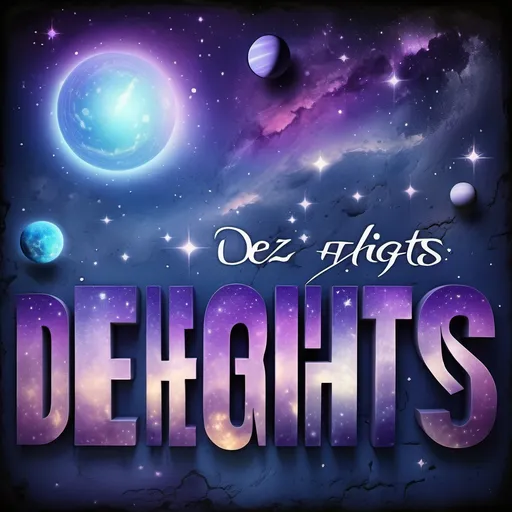 Prompt: photorealistic, (accurately spelled text "Dez heights"), stylish script on a weathered wall, illuminated cosmic sky, dreamy atmosphere, translucent planets shining brightly, cool color scheme with deep blues and purples, starry backdrop, ethereal glow, tranquil ambiance, ultra-detailed, high definition, captivating visual effect, celestial elements enhancing the scene.