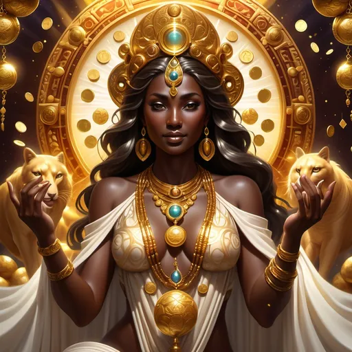 Prompt: photorealistic, (vibrant colors), Dark brown skinned Goddess of fortune, ethereal essence, adorned in golden ornaments, flowing luxurious robes, surrounded by symbolic tokens of wealth, shimmering coins and jewels, beams of divine light illuminating from behind, lush mythical background, spellbinding atmosphere filled with hope and abundance, ultra-detailed, HD