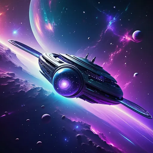 Prompt: (traveling spacecraft), sleek and futuristic design, metallic surface reflecting light, starscape background, vibrant celestial colors, deep blues and purples, glowing elements, high-tech features, expansive universe, awe-inspiring atmosphere, feeling of exploration, hyper-realistic details, ultra-detailed, 4K resolution.