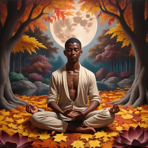 Prompt: (realism style), young man in a lotus position, (brown skin), age 20, surrounded by vibrant autumn trees, (multicolored leaves), beautiful flowers, cascading leaves, serene atmosphere, under a mystical brown moon, rich deep hues, dramatic shadows, tranquil vibe, ultra-detailed, high quality.