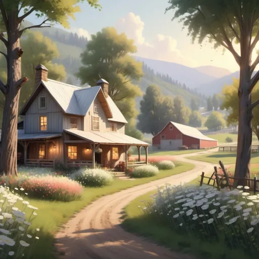 Prompt: (realism style), (muted color scheme), serene ranch scene, small farm setting, enchanting blooming flowers, peaceful environment, a couple sharing joyful moments, rustic charm, gentle sunlight filtering through the trees, strong sense of fulfillment, warm and cozy atmosphere, tranquil lifestyle, harmonious collaboration, ultra-detailed, 4K quality.