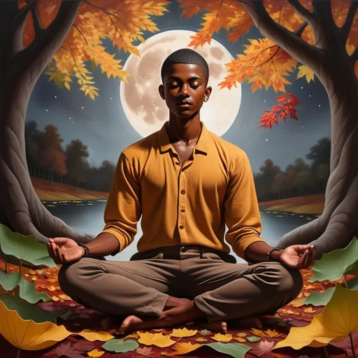 Prompt: (realism style), young man in a lotus position, (brown skin), age 20, surrounded by vibrant autumn trees, (multicolored leaves), beautiful flowers, cascading leaves, serene atmosphere, under a mystical brown moon, rich deep hues, dramatic shadows, tranquil vibe, ultra-detailed, high quality.