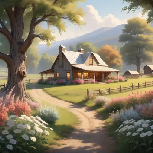 Prompt: (realism style), (muted color scheme), serene ranch scene, small farm setting, enchanting blooming flowers, peaceful environment, a couple sharing joyful moments, rustic charm, gentle sunlight filtering through the trees, strong sense of fulfillment, warm and cozy atmosphere, tranquil lifestyle, harmonious collaboration, ultra-detailed, 4K quality.