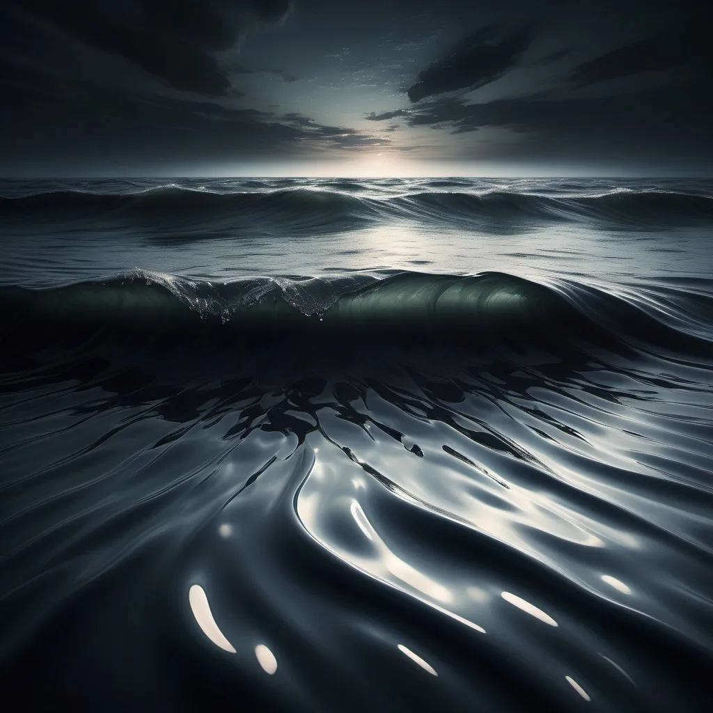 Prompt: (realism style), ocean of milk, (dark color scheme), deep shadows, rich textures, surreal atmosphere, contrasting light, waves of creamy liquid, mysterious depth, soft ripples, dreamy horizon, 4K, ultra-detailed, expansive view, haunting yet serene ambiance, captivating visual metaphor.