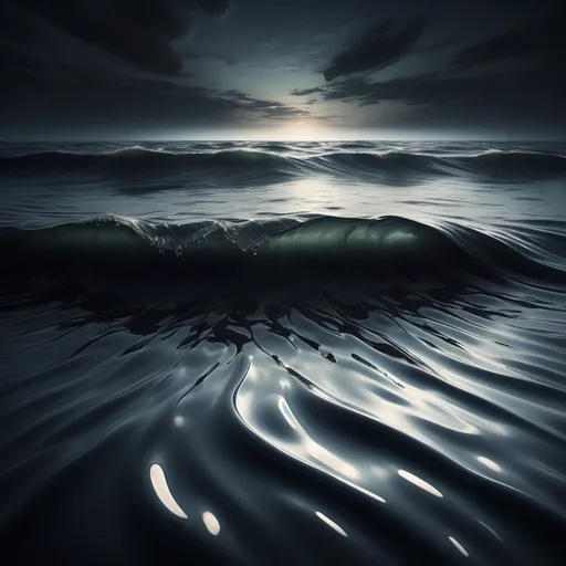 Prompt: (realism style), ocean of milk, (dark color scheme), deep shadows, rich textures, surreal atmosphere, contrasting light, waves of creamy liquid, mysterious depth, soft ripples, dreamy horizon, 4K, ultra-detailed, expansive view, haunting yet serene ambiance, captivating visual metaphor.