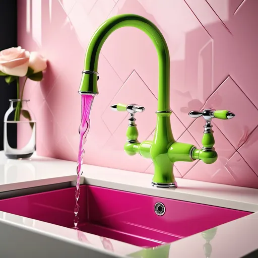 Prompt: (realism style), Lime green faucet, (vibrant color scheme), pink diamonds dripping, ivory sink, high detail, glossy surface texture, soft reflections, bright lighting, modern kitchen environment, elegant design, soothing ambiance, ultra-detailed, rich contrasts, luxurious touch, artistic flair, harmonic color balance.