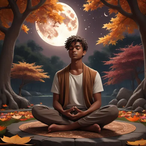 Prompt: (realism style), a young brown-skinned man, age 20, sitting in a serene lotus position, surrounded by stunning autumn multicolored trees, vibrant flowers, and beautiful falling leaves, under a mystical brown moon, rich dark color scheme, moody atmosphere, exquisite details, (ultra-detailed), (4K), enchanting ambiance, tranquil settings.