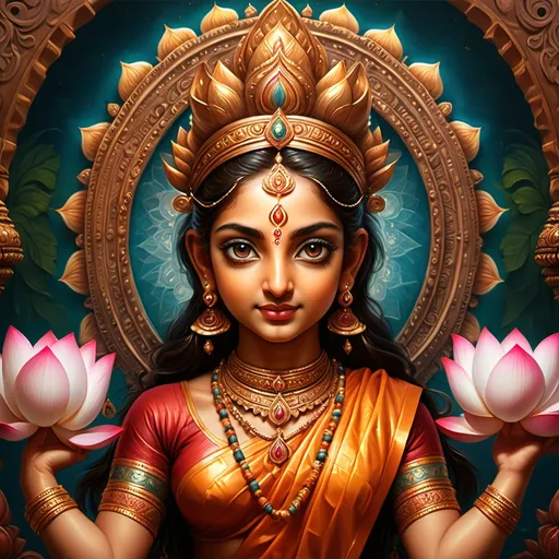 Prompt: (realistic style), beautiful lotus-like eyes, (four hands) beautifully adorned holding (Sankha), (Chakra), (Gada), (Padma), vibrant color scheme, intricate details, striking expressions, richly detailed background, dynamic lighting, showcasing divine majesty, ultra-detailed, cinematic masterpiece, capturing essence of divinity and grandeur.