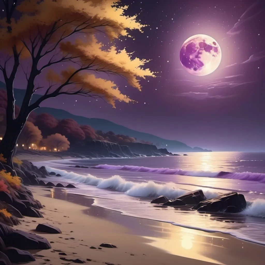 Prompt: (realism style), dark brown moon, pinkish ocean, (reflective moonlight streak), shore, beautifully autumn night, (brown, yellow, and purple foliage), cool color scheme, serene ambiance, enchanting atmosphere, high quality, cinematic details, gentle waves lapping at the shore, starry sky, ethereal glow