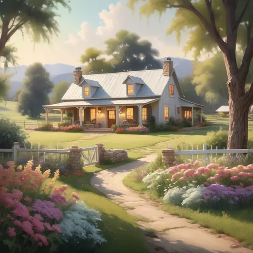 Prompt: (realism style), serene ranch setting, (muted colors), peaceful ambiance, blooming flowers, tranquil property, cozy farmhouse, warm sunlight streaming, inviting outdoor space, joyful couple sharing moments, lush green landscapes, natural elements, embracing the beauty of rural life, high quality, ultra-detailed, harmonious living with nature.