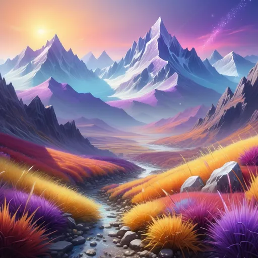 Prompt: (realism style), (pastel color scheme), majestic mountains encrusted with shimmering precious stones and sparkling crystals, vibrant valley below covered in multicolored grass, hues of yellow, red, purple, orange, blues, and deep dark purple, serene and enchanting atmosphere, softly illuminated, detailed textures, high-quality 4K image, dreamy landscape.