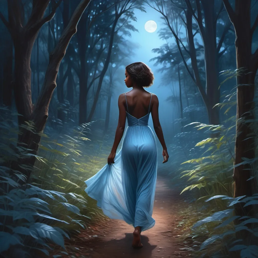 Prompt: (realism style), (beautiful dark brown skinned female), walking through a lush, beautifully translucent forest, dark moonlit night, ethereal blue hues illuminating the surroundings, serene atmosphere, soft pastel color scheme, delicate light filtering through trees, enchanting and mystical ambiance, high quality, ultra-detailed, capturing the essence of tranquility and wonder.