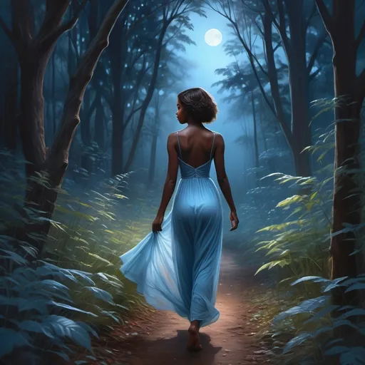 Prompt: (realism style), (beautiful dark brown skinned female), walking through a lush, beautifully translucent forest, dark moonlit night, ethereal blue hues illuminating the surroundings, serene atmosphere, soft pastel color scheme, delicate light filtering through trees, enchanting and mystical ambiance, high quality, ultra-detailed, capturing the essence of tranquility and wonder.