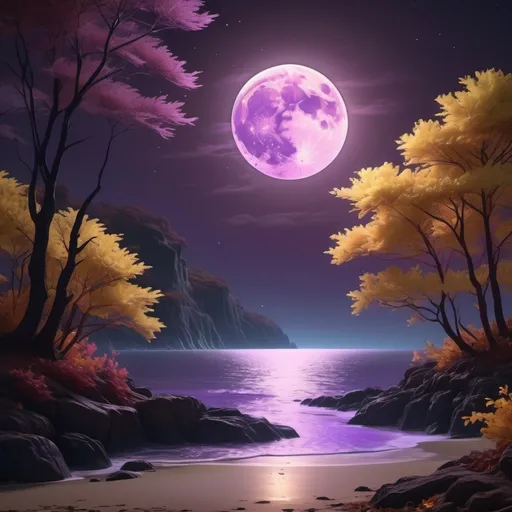 Prompt: (realism style), cool color scheme, dark brown moon, pinkish ocean, reflective moonlight streak, shore details, beautifully autumn night, vibrant brown, yellow, and purple foliage, tranquil ambiance, ethereal glow, cinematic quality, 4K resolution, serene atmosphere, harmonious blend of colors, captivating natural beauty, dreamlike setting, ultra-detailed elements.