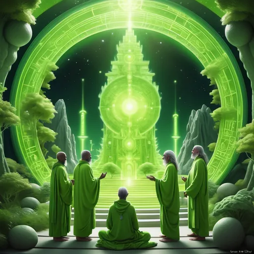 Prompt: (accurately spelled text "Dez Heights"), beautiful (lime green) spiritual planet, surrounded by (male and female sages), realism style, luminous warm color scheme, serene and tranquil ambiance, intricate details of sages' attire, soft glowing light from the planet, depth and vividness, ultra-detailed, inviting atmosphere, mystical elements surrounding the sages, harmonious interaction among figures, dreamlike quality.