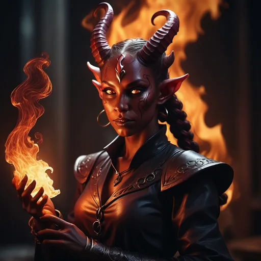 Prompt: (hyper-realistic Tiefling character), (fire hands), fantasy character art, dark color scheme, warm tone, D&D theme, intricate details, moody atmosphere, epic fantasy vibe, dramatic shadows, dynamic pose, captivating gaze, rich textures, mystical ambiance, ultra-detailed, 4K quality, cinematic depth.