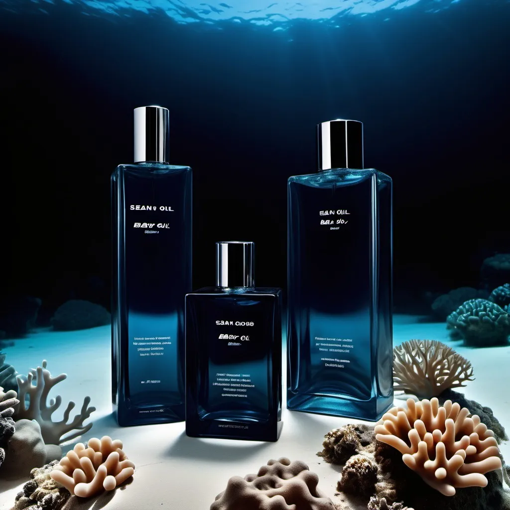 Prompt: minimalism style, (dark color scheme), Sean Combs baby oil collection, coral reefs, stunning underwater scene, intricate marine life, elegant product arrangement, soft diffused lighting, deep blues and blacks, serene and tranquil atmosphere, high-quality details, ultra-detailed, captivating composition, sleek and modern aesthetic.